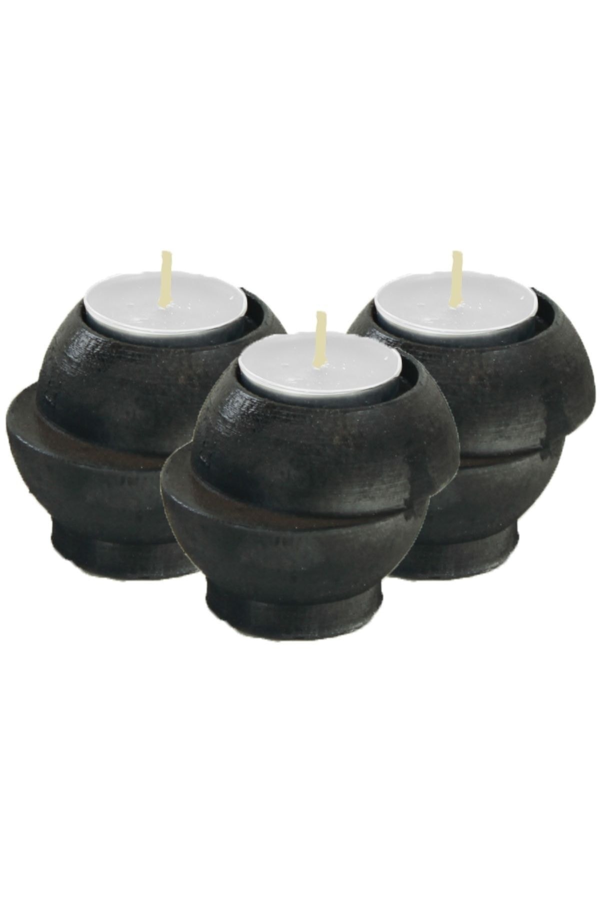 Şamdan Dekoratif Mumluk Siyah Şamdan Set 3 lü (Üçlü) Tealight ve Uzun Mum Uyumlu Kesik Model