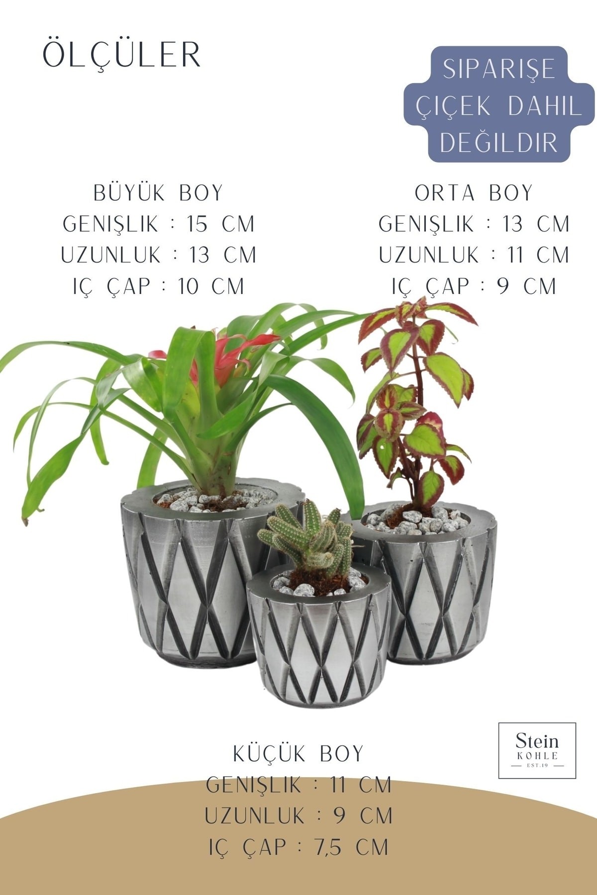 Çiçek Saksısı Büyük Boy 3 Adet Gümüş Renk Eskitme Uygulamalı Baklava Model