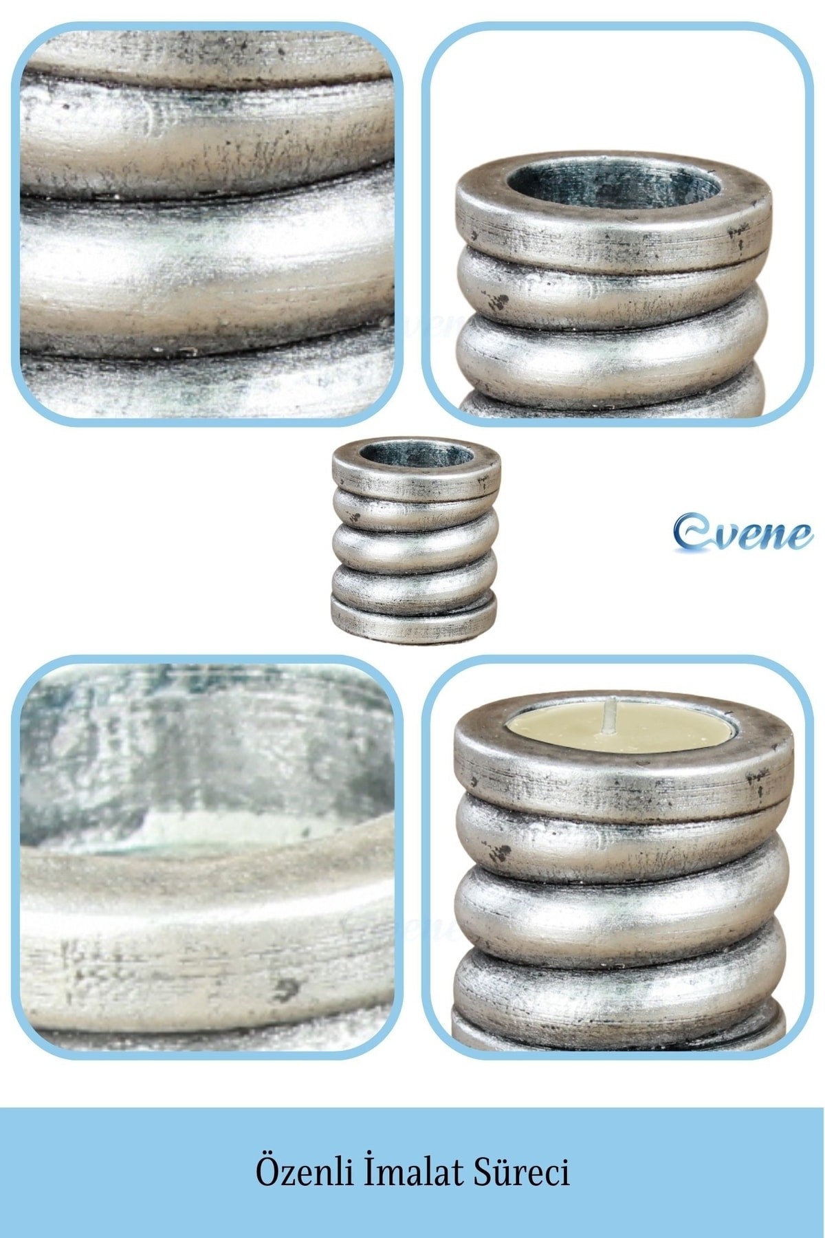 Gümüş Eskitme Mumluk Şamdan 3 Adet Tealight ve İnce Mum Uyumlu Spiral Model