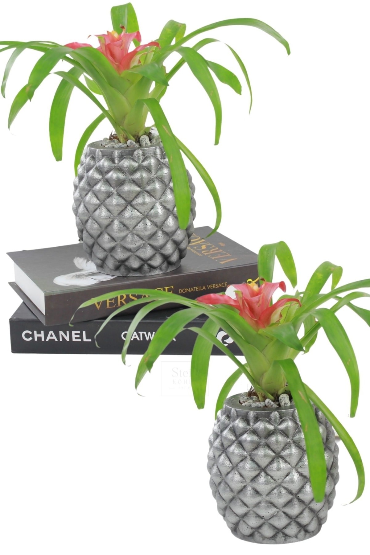 Çiçek Saksısı Büyük Boy 2 Adet Gümüş Renk Eskitme Uygulamalı Ananas Model