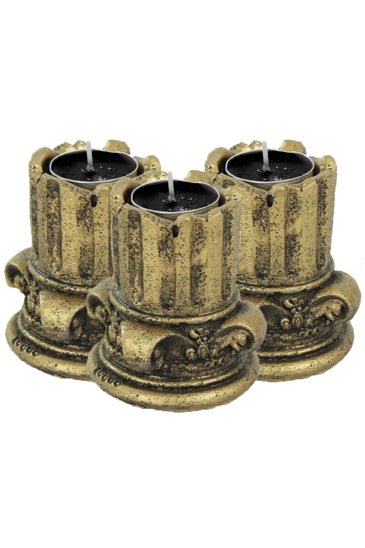 Şamdan Dekoratif Mumluk Altın Eskitme Şamdan Set 3 lü (Üçlü) Tealight Uyumlu Sütun Model