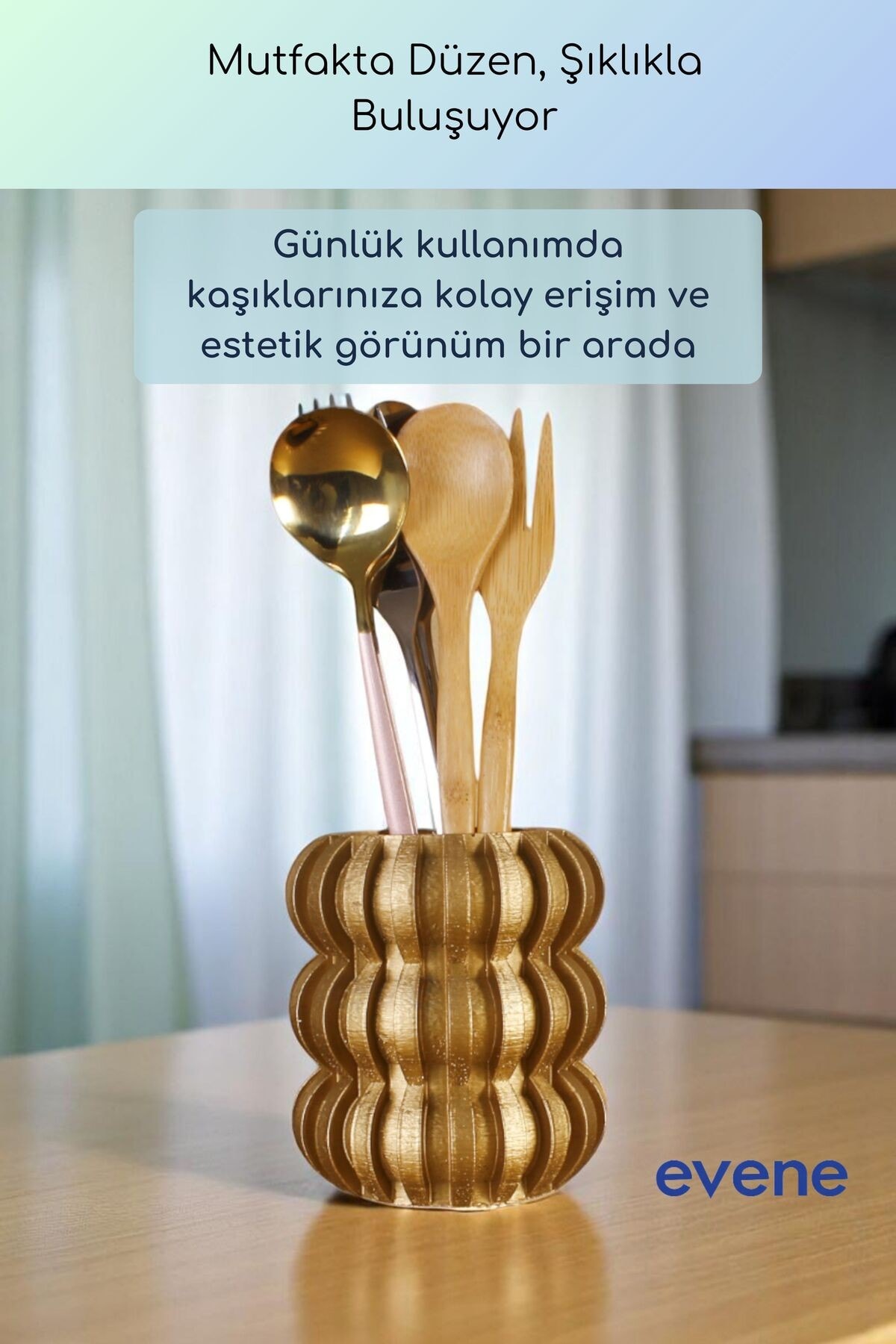 Tezgah Üstü Kaşıklık Dekoratif Dik Kaşıklık Silindir Kaşıklık Altın Renk Model 75