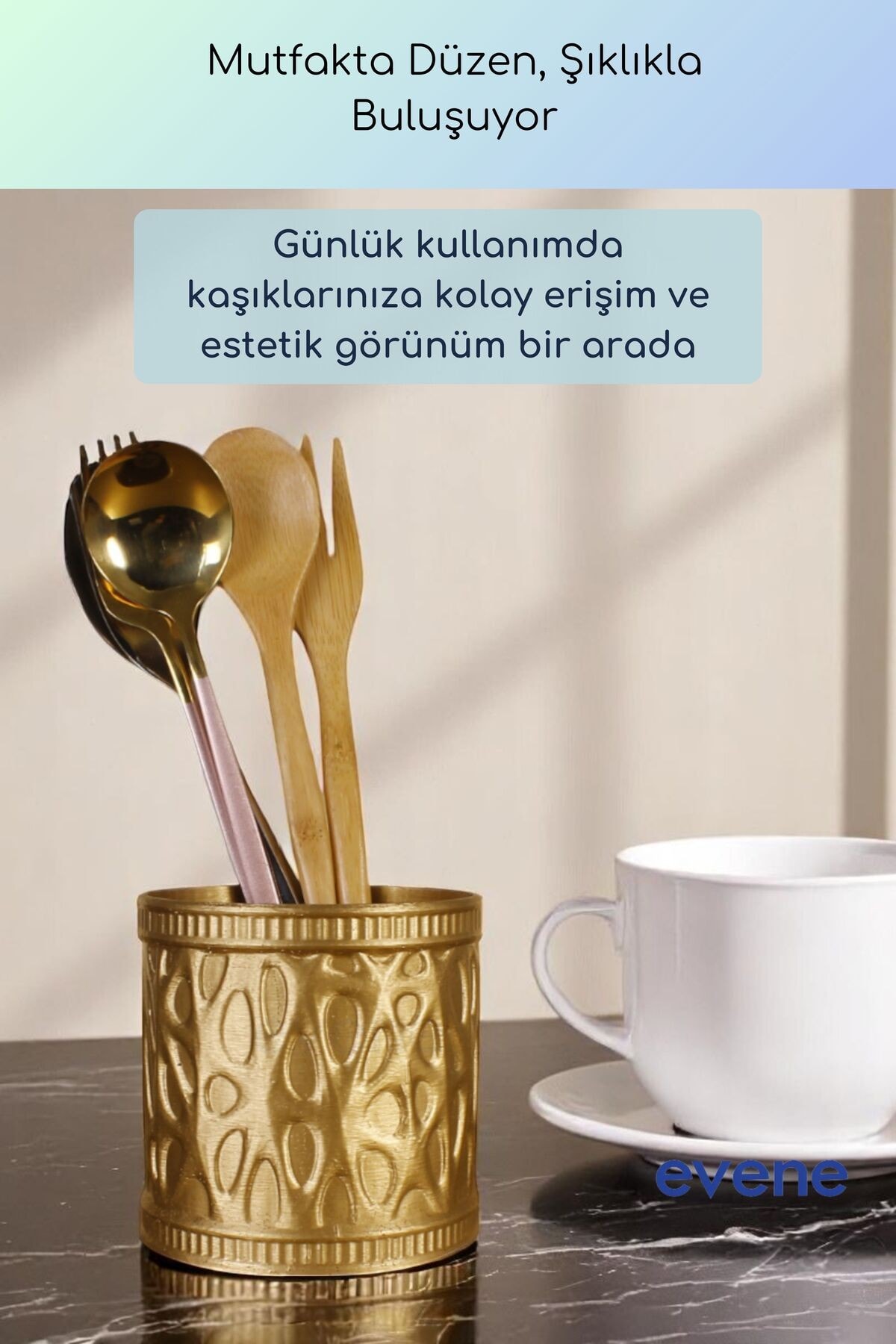 Tezgah Üstü Kaşıklık Dekoratif Dik Kaşıklık Silindir Kaşıklık Altın Renk Model 76