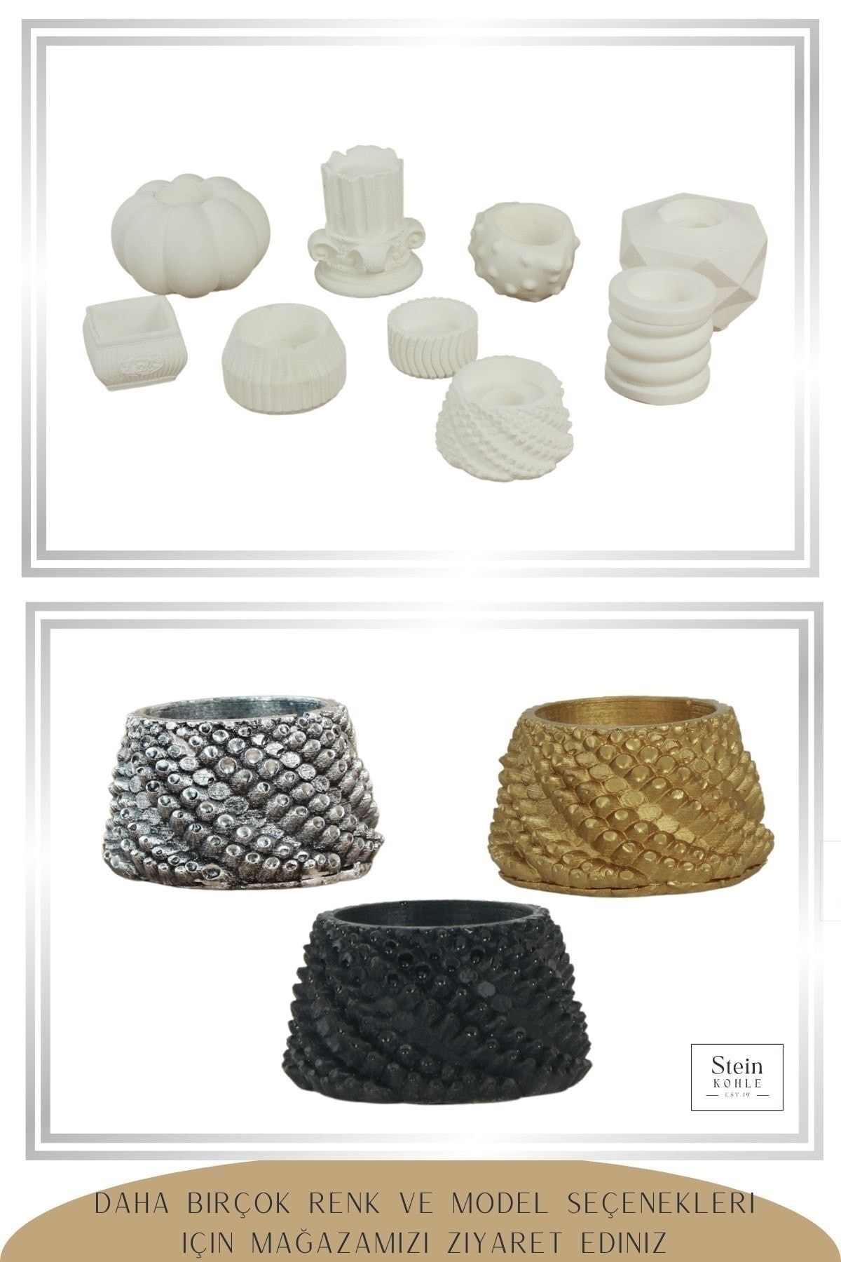 Şamdan Dekoratif Mumluk Beyaz Şamdan Set 3 lü (Üçlü) Tealight Uzun Mum Uyumlu Ejder Yumurtası Model