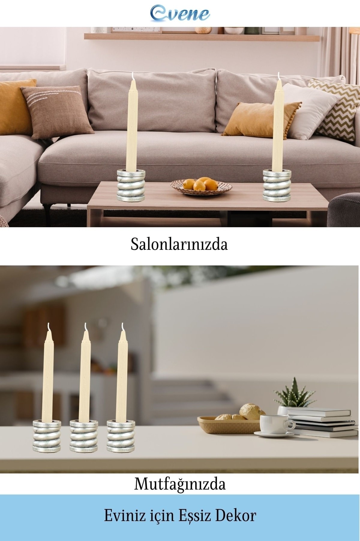 Gümüş Eskitme Mumluk Şamdan 3 Adet Tealight ve İnce Mum Uyumlu Spiral Model