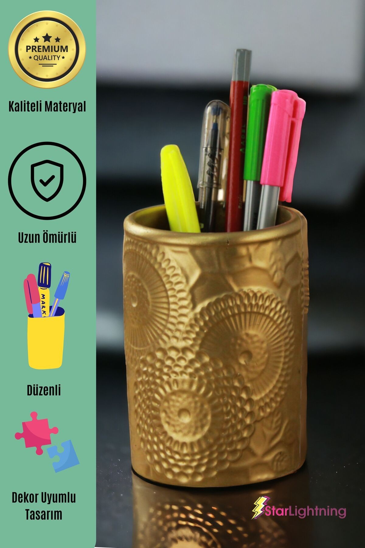 Kalemlik Altın Renk Masa Kalemliği Organizer Kalemlik Model 12