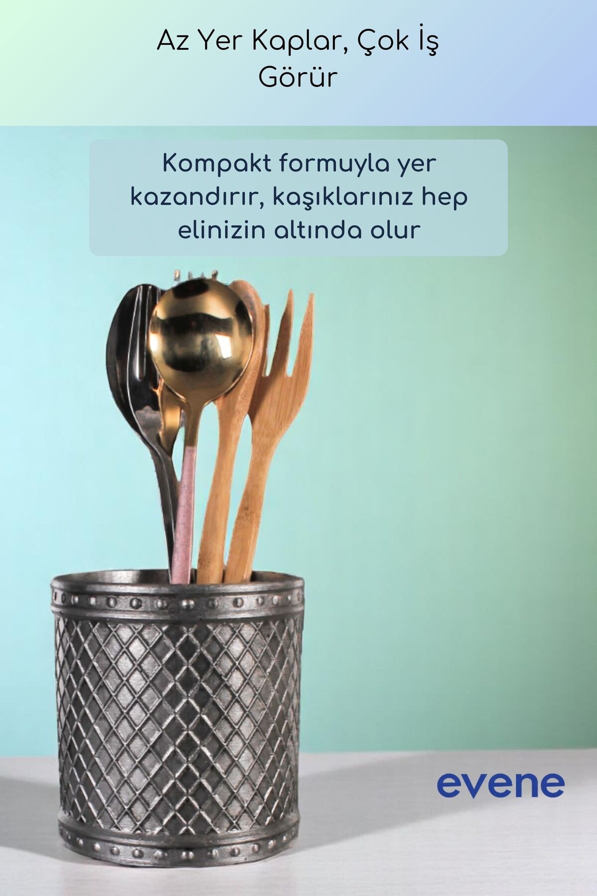 Tezgah Üstü Kaşıklık Dekoratif Dik Kaşıklık Silindir Kaşıklık Gümüş Eskitme Renk Model 90