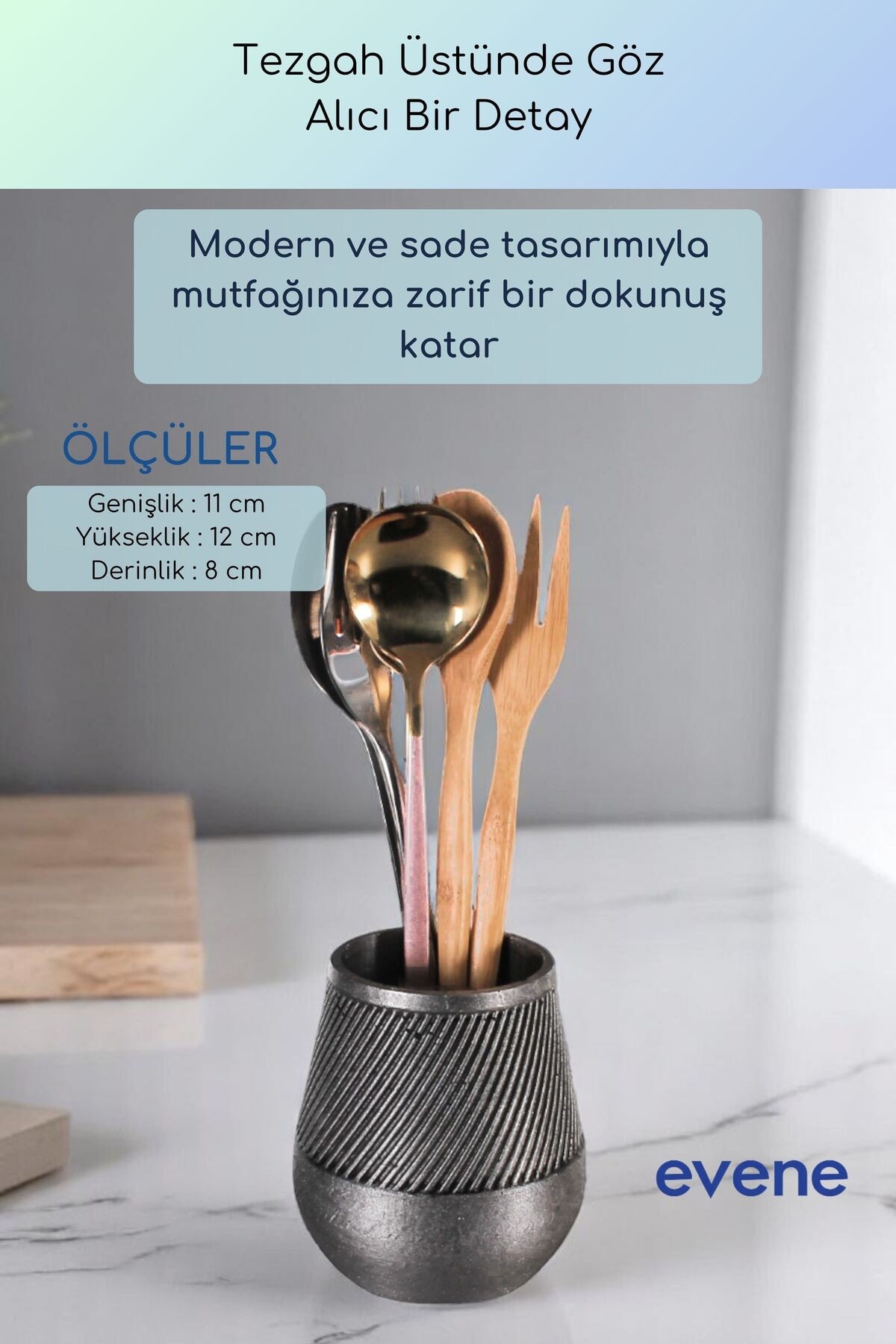 Tezgah Üstü Kaşıklık Dekoratif Dik Kaşıklık Silindir Kaşıklık Gümüş Eskitme Renk Model 89