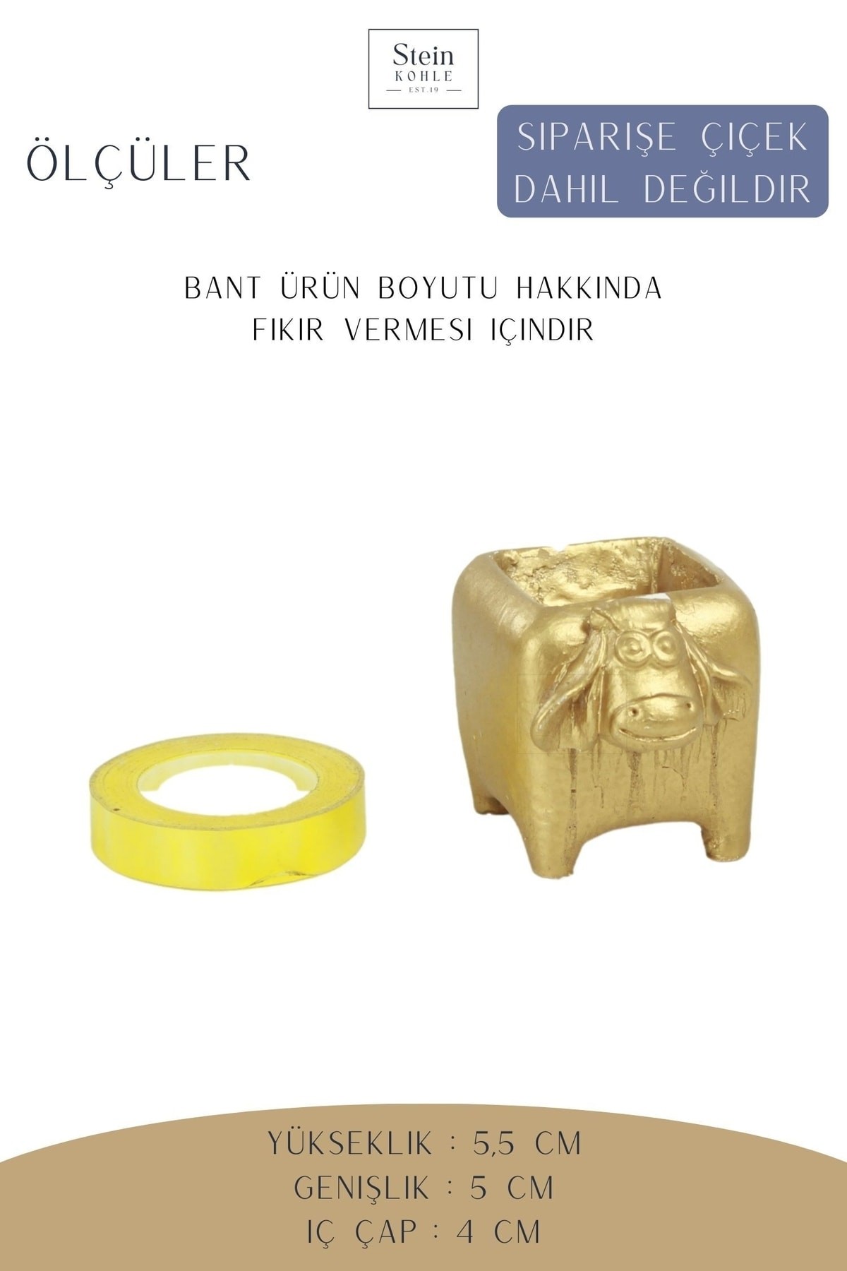 Dekoratif Saksı Minik Kaktüs Saksısı Altın Renk 1 Adet Mini Inek Model