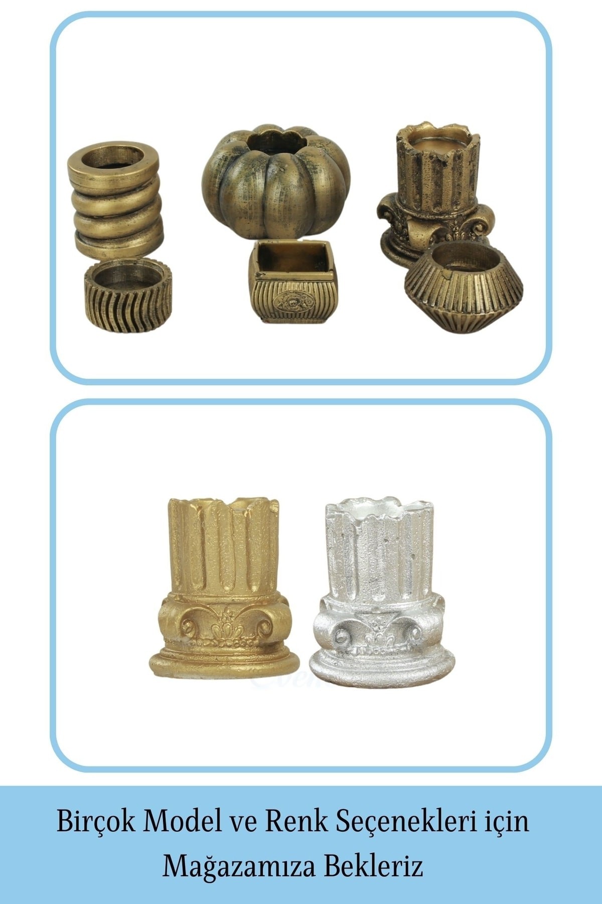 Altın Eskitme Mumluk Şamdan 3 Adet Tealight Uyumlu Tarihi Sütun Model