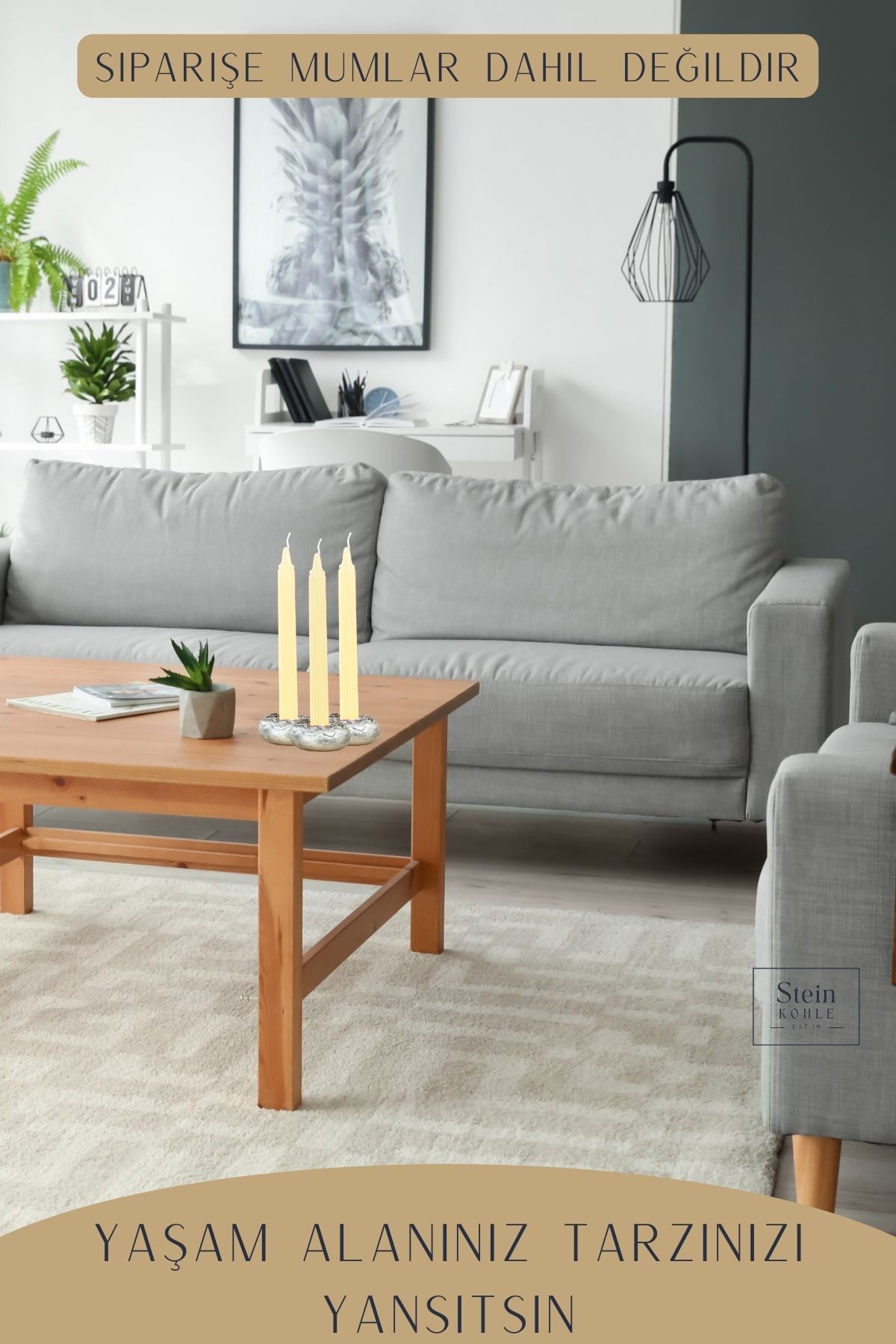 Şamdan Dekoratif Mumluk Gümüş Eskitme Şamdan Set 3 lü (Üçlü) Uzun Mum Uyumlu Donut Model