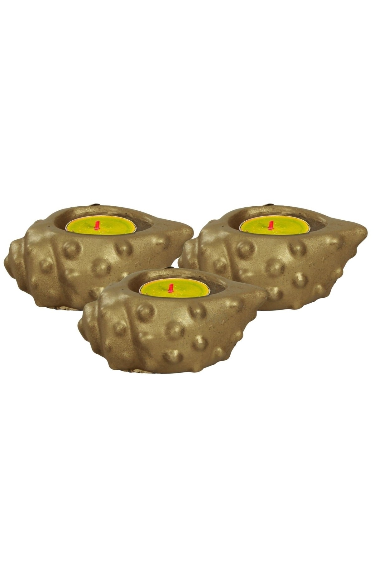 Altın Mumluk Şamdan 3 Adet Tealight Uyumlu Deniz Kabuğu Mum Model