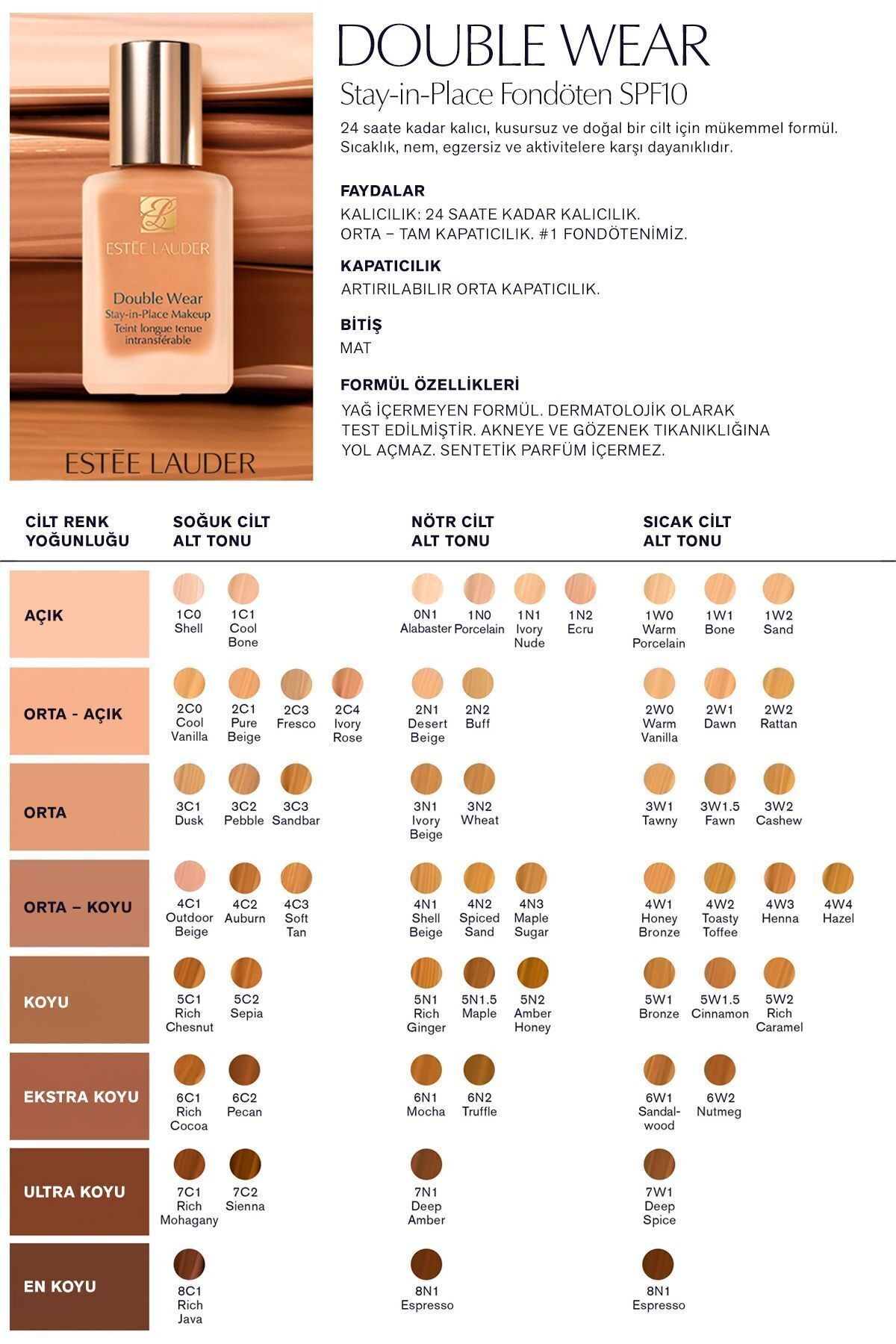 Doğal Ve Mat Bitişli - Double Wear Stay-in-place Fondöten Spf 10 ( 3w1 Tawny ) - 30 ml