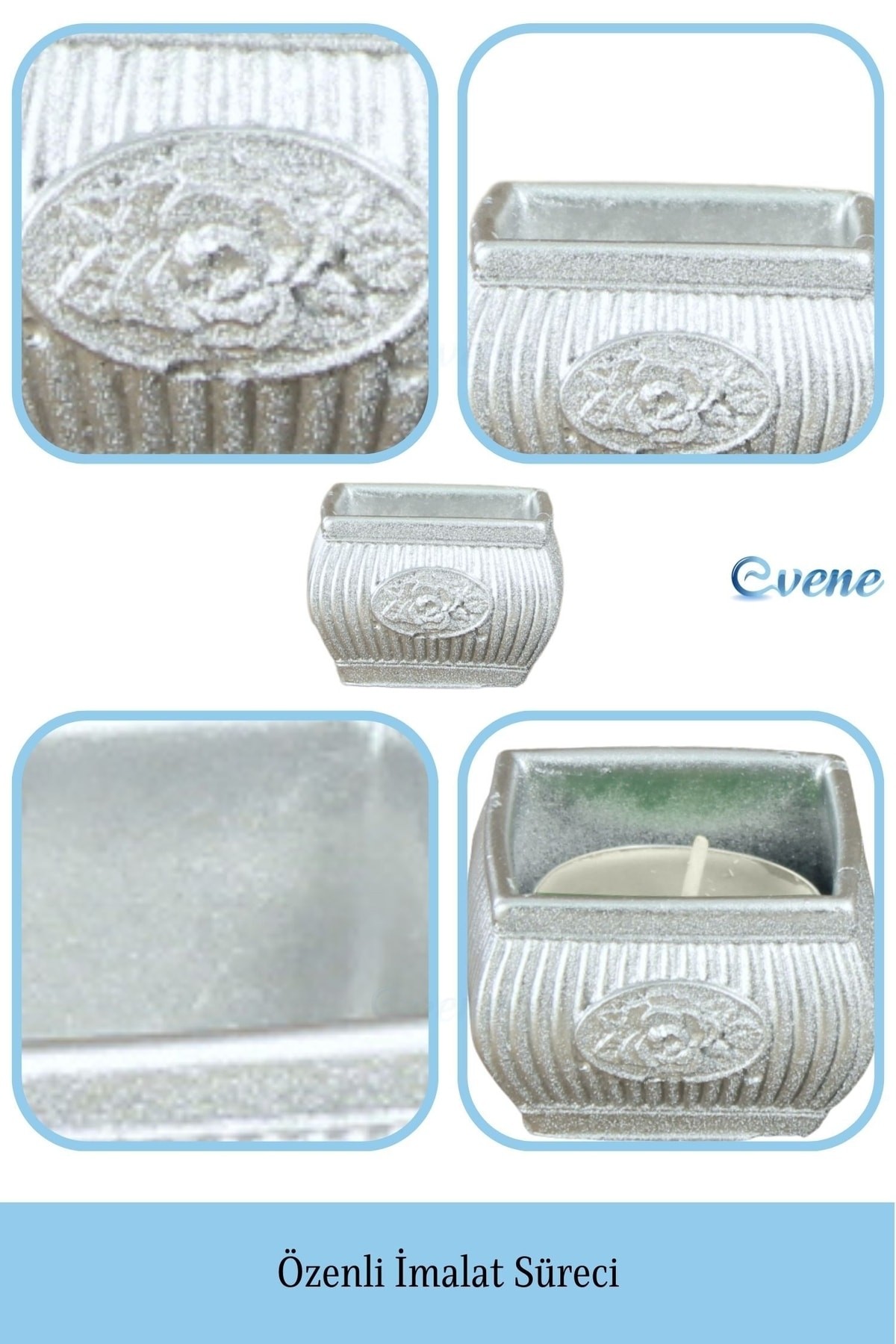 Gümüş Mumluk Şamdan 3 Adet Tealight Uyumlu Üçlü Mini Çizgili Çiçekli Model