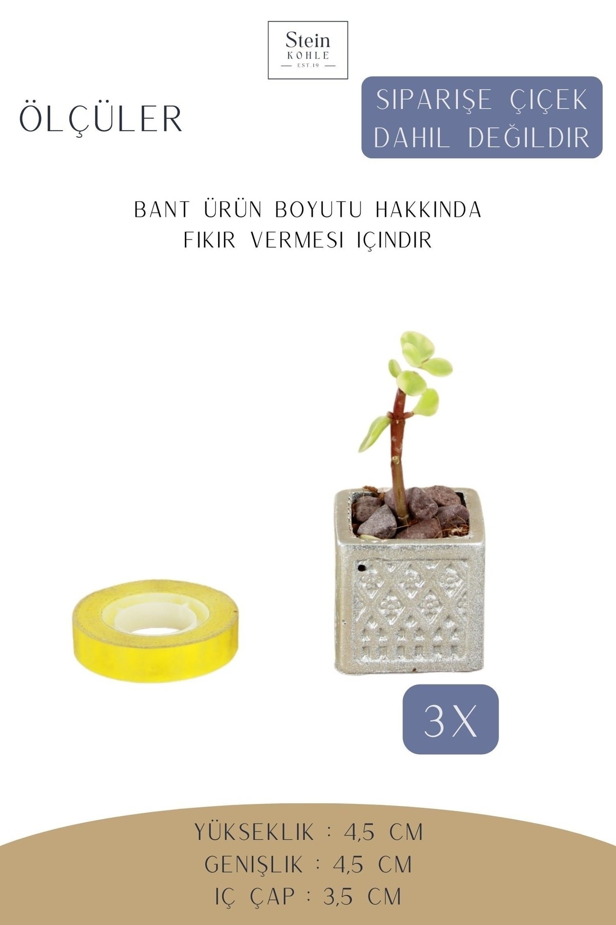 Dekoratif Saksı Minik Kaktüs Saksısı Gümüş Renk 3 Adet Saksı Seti Mini Kare Model