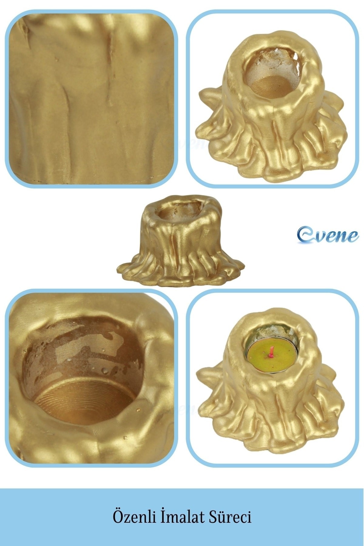 Altın Mumluk Şamdan 3 Adet Tealight Uyumlu Üçlü Küçük Erimiş Mum Model