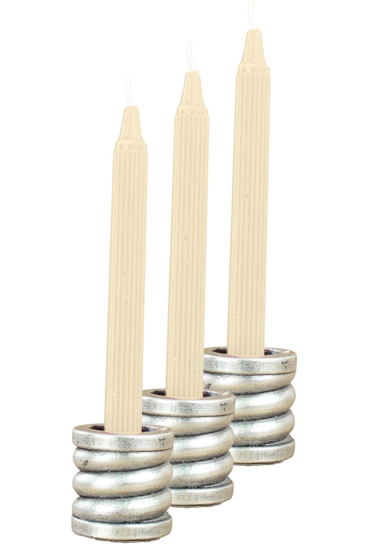 Gümüş Eskitme Mumluk Şamdan 3 Adet Tealight ve İnce Mum Uyumlu Spiral Model