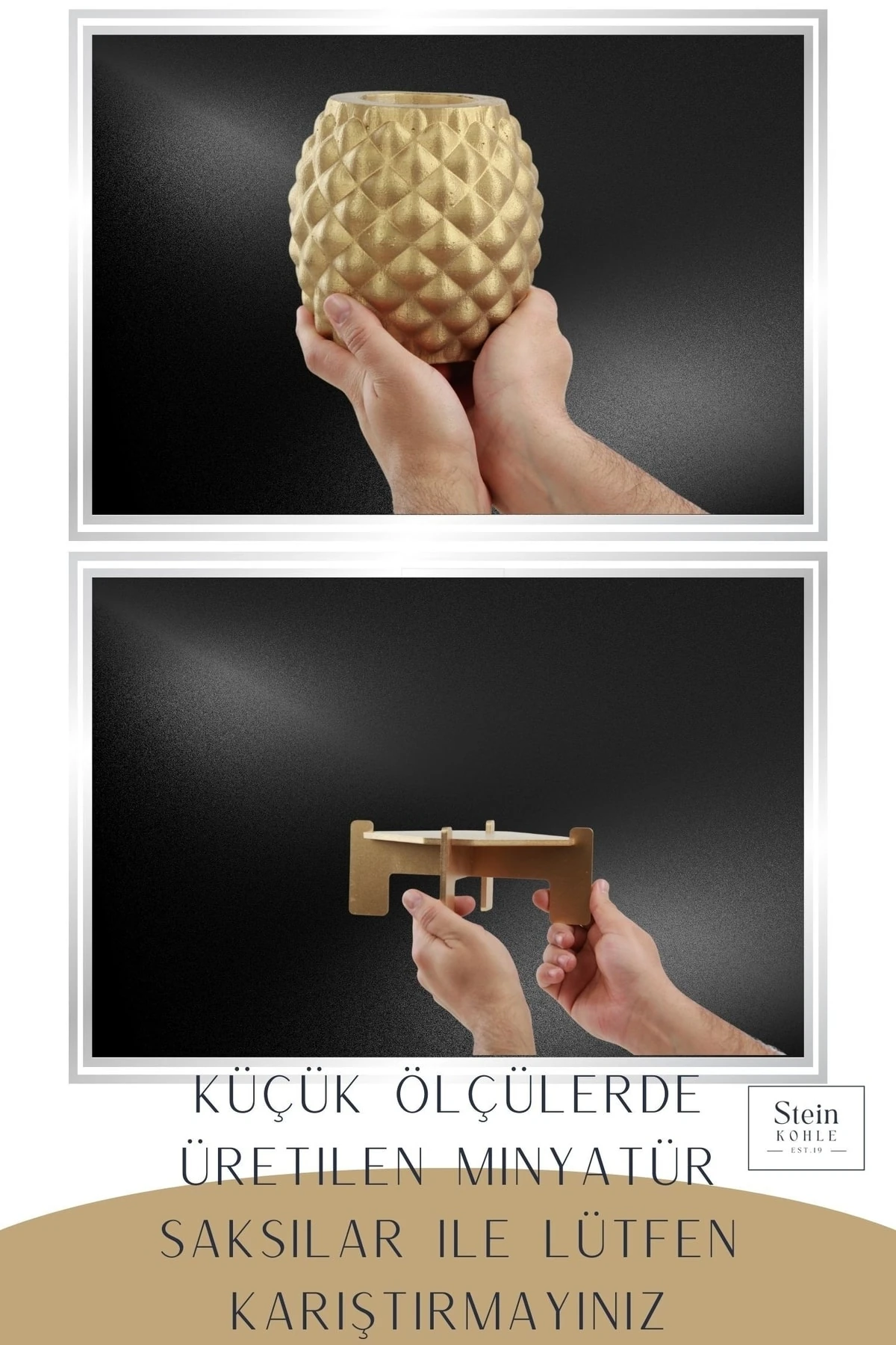 Ayaklı Saksı Ahşap Büyük Boy 1 Adet Altın Renk Uygulamalı Ananas Model