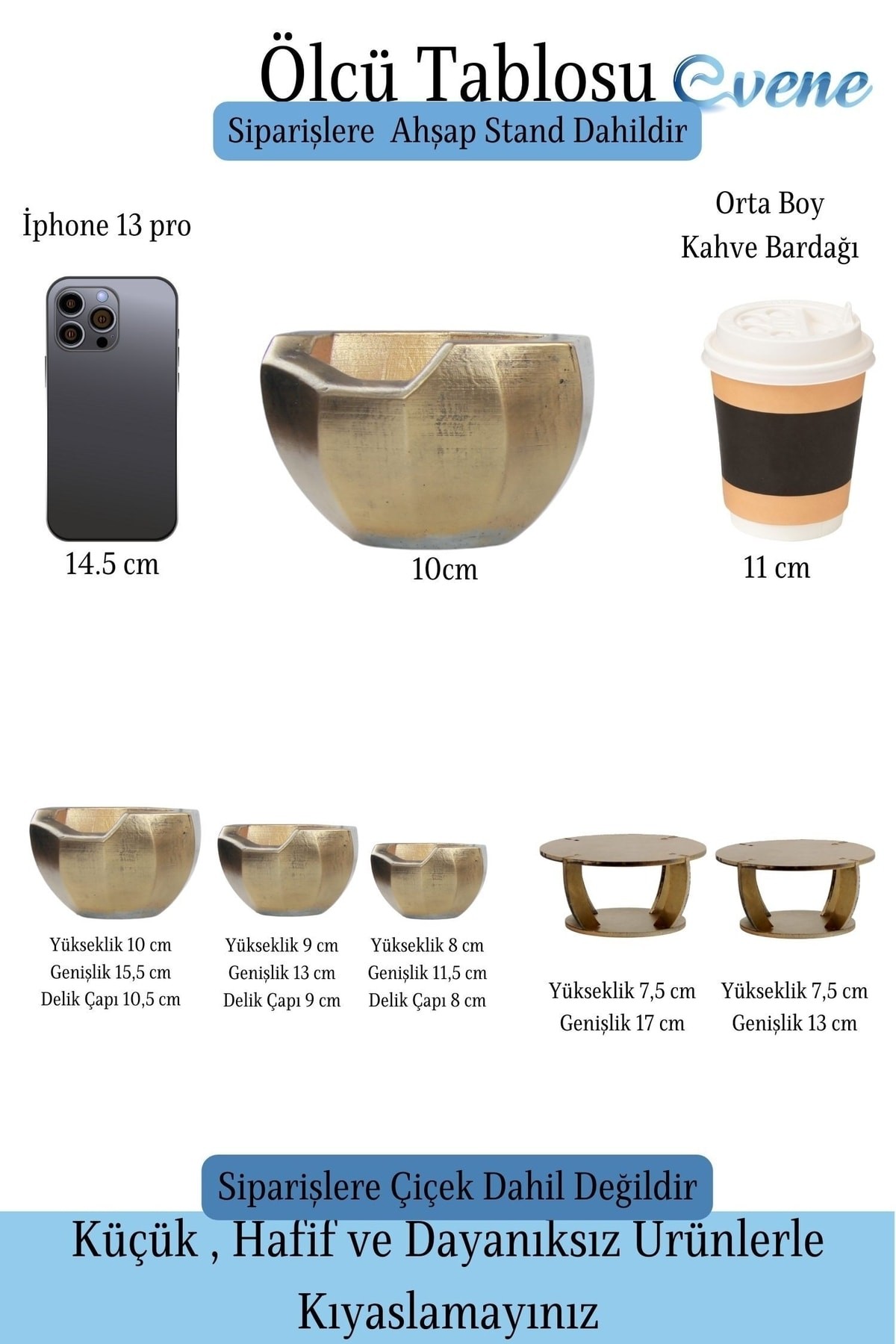 Ahşap Ayaklı Beton Saksı Büyük Boy Set 3 Adet Altın Eskitme Varak Boyalı Eskitmeli Önü Açık Model