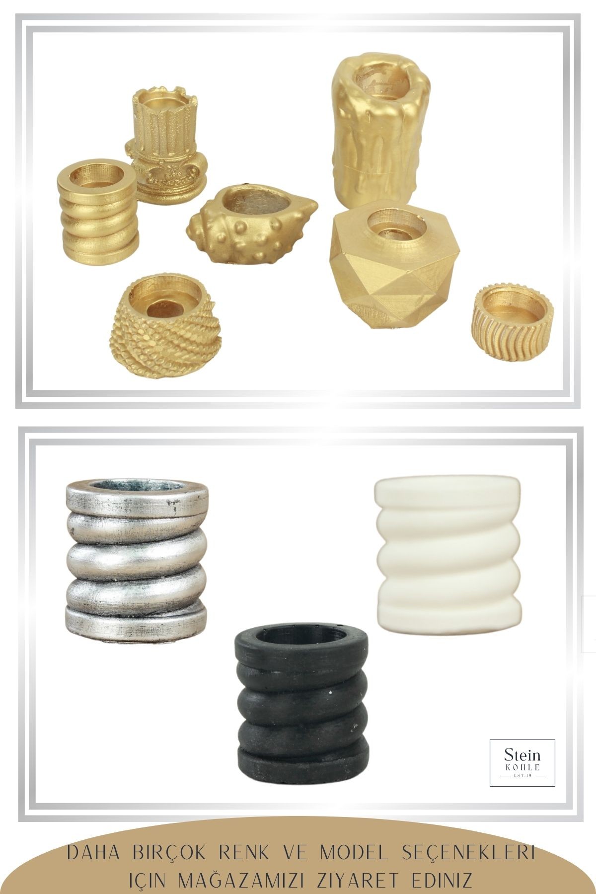 Şamdan Dekoratif Mumluk Altın Şamdan Set 3 lü (Üçlü) Tealight ve Uzun Mum Uyumlu Spiral Model