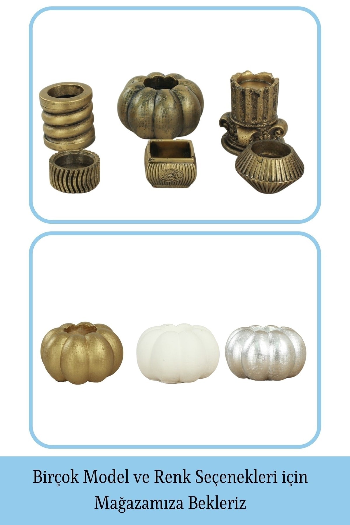 Altın Eskitme Mumluk Şamdan Tealight ve İnce Mum Uyumlu Kabak Model