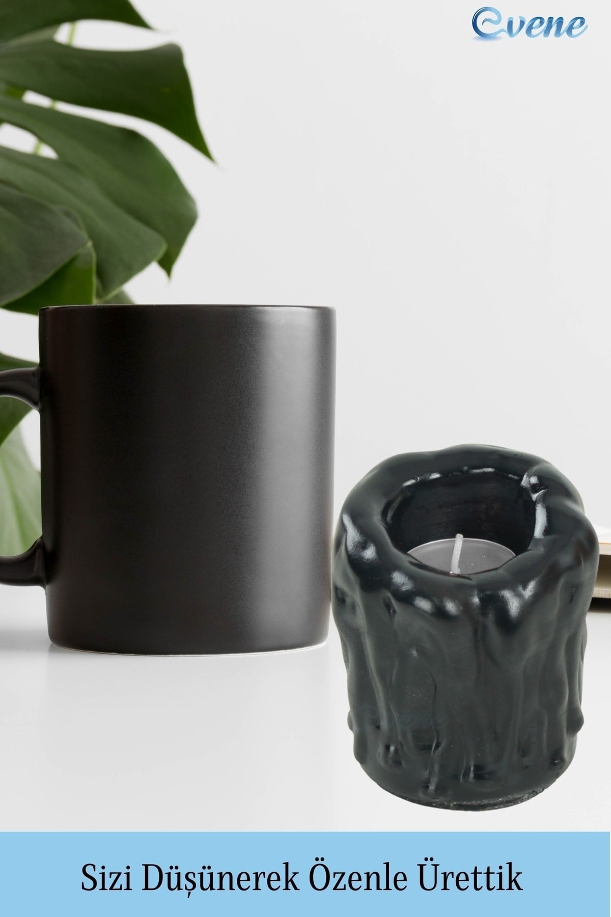 Siyah Mumluk Şamdan 3 Adet Tealight Uyumlu Üçlü Orta Erimiş Mum Model