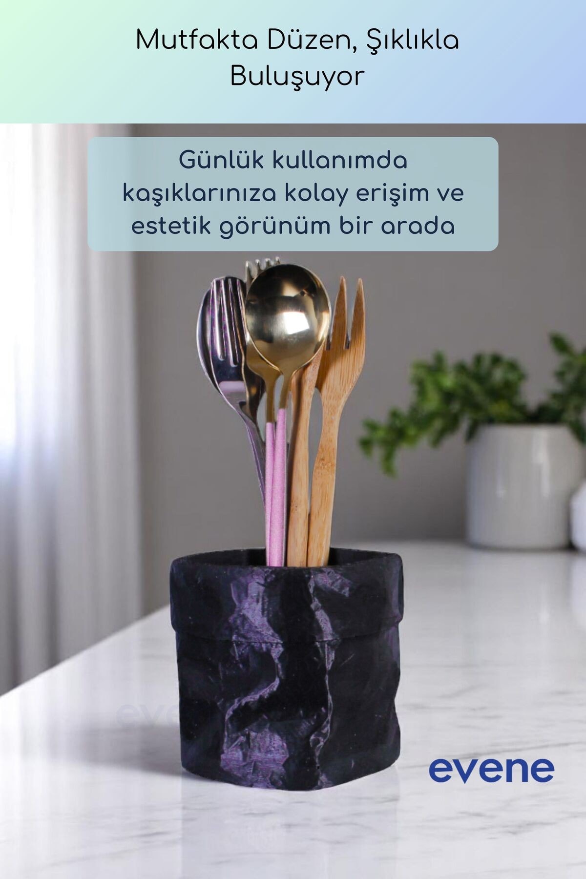 Tezgah Üstü Kaşıklık Dekoratif Dik Kaşıklık Silindir Kaşıklık Siyah Renk Model 80