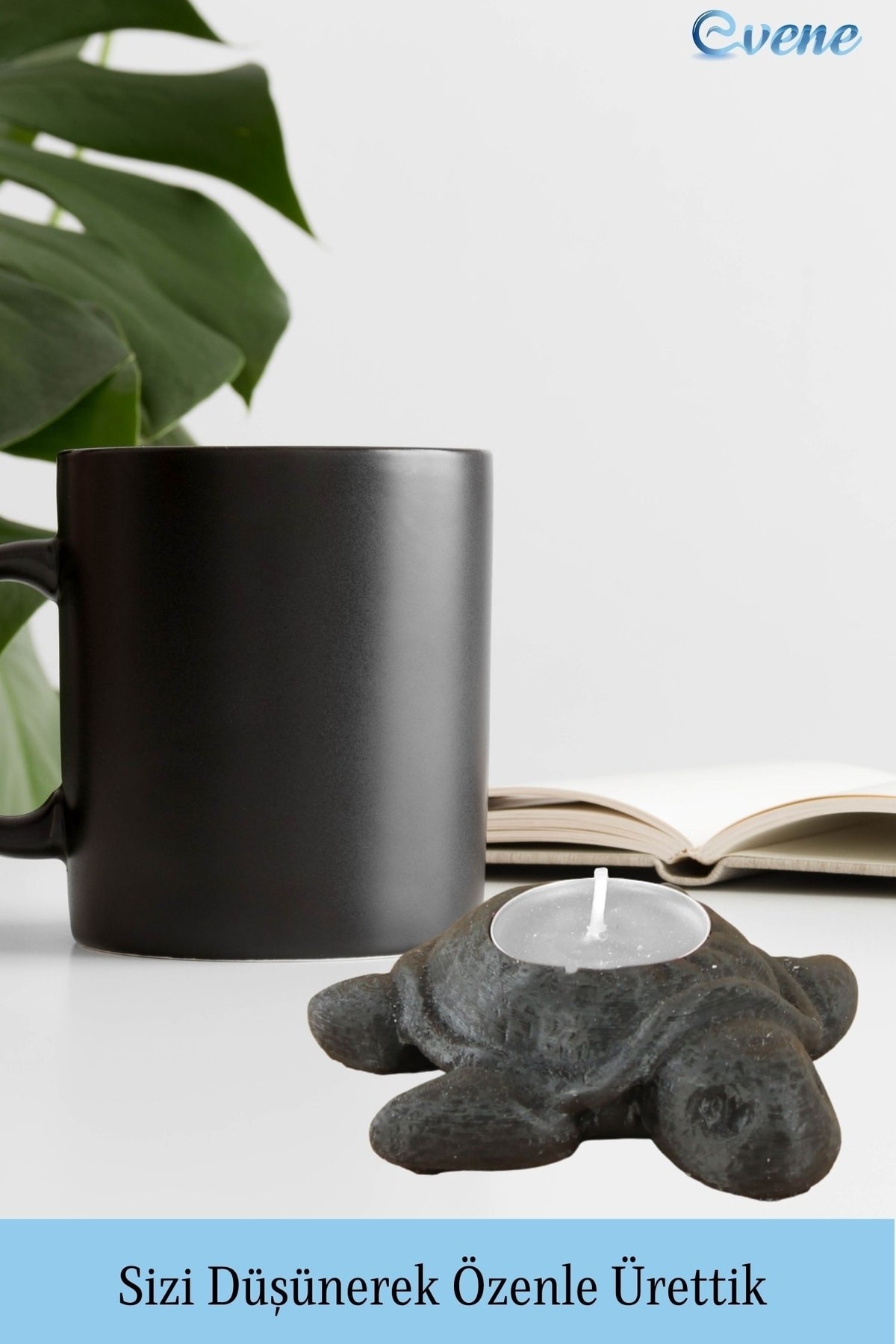Siyah Mumluk Şamdan Tealight ve İnce Mum Uyumlu Kaplumbağa Model