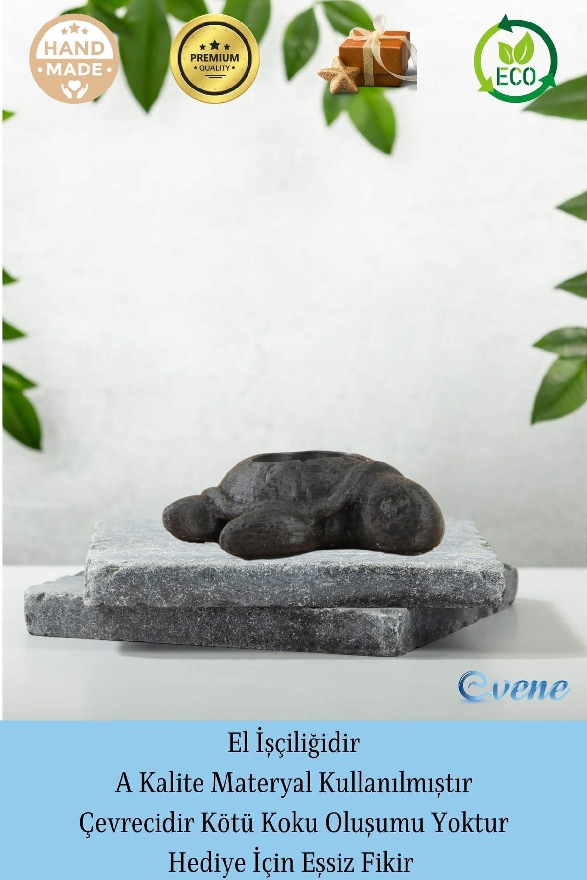 Siyah Mumluk Şamdan Tealight ve İnce Mum Uyumlu Kaplumbağa Model