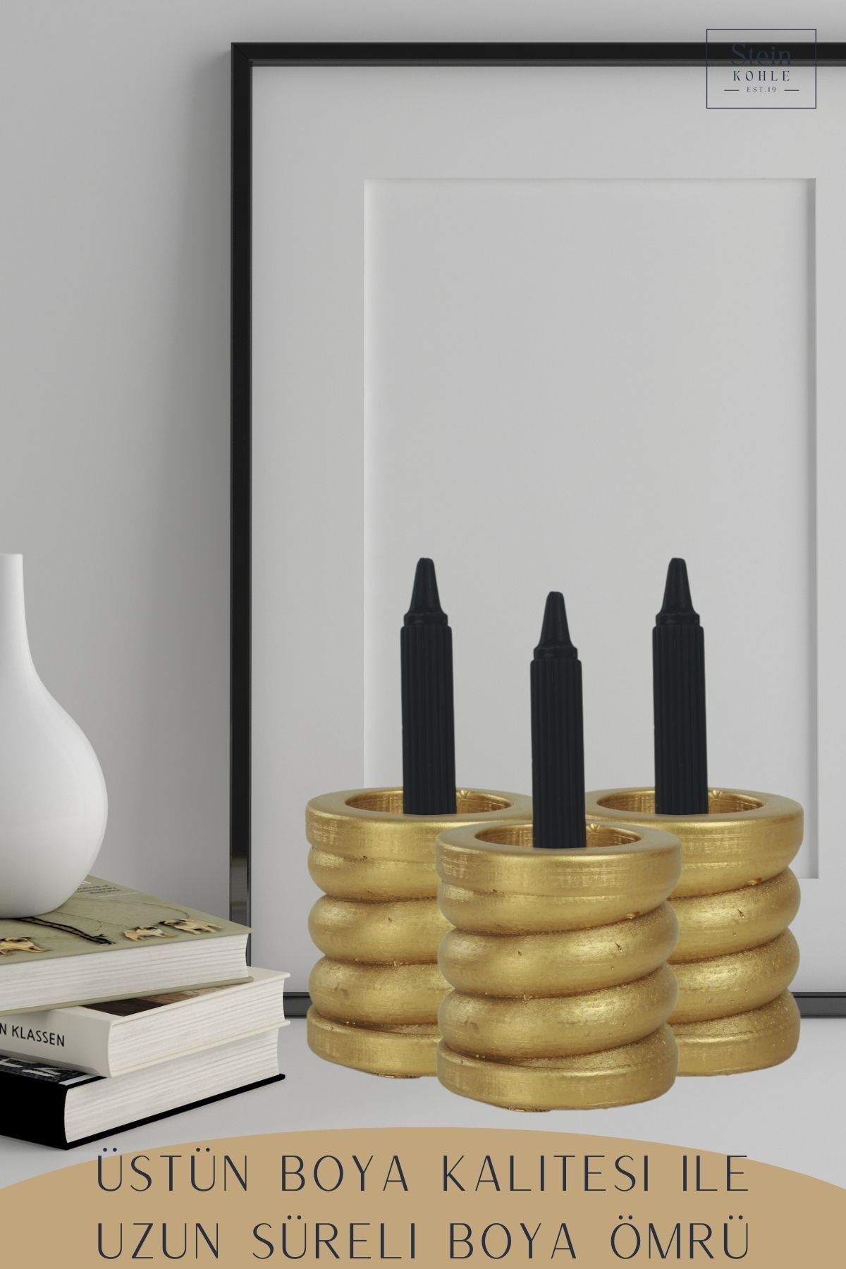 Şamdan Dekoratif Mumluk Altın Şamdan Set 3 lü (Üçlü) Tealight ve Uzun Mum Uyumlu Spiral Model