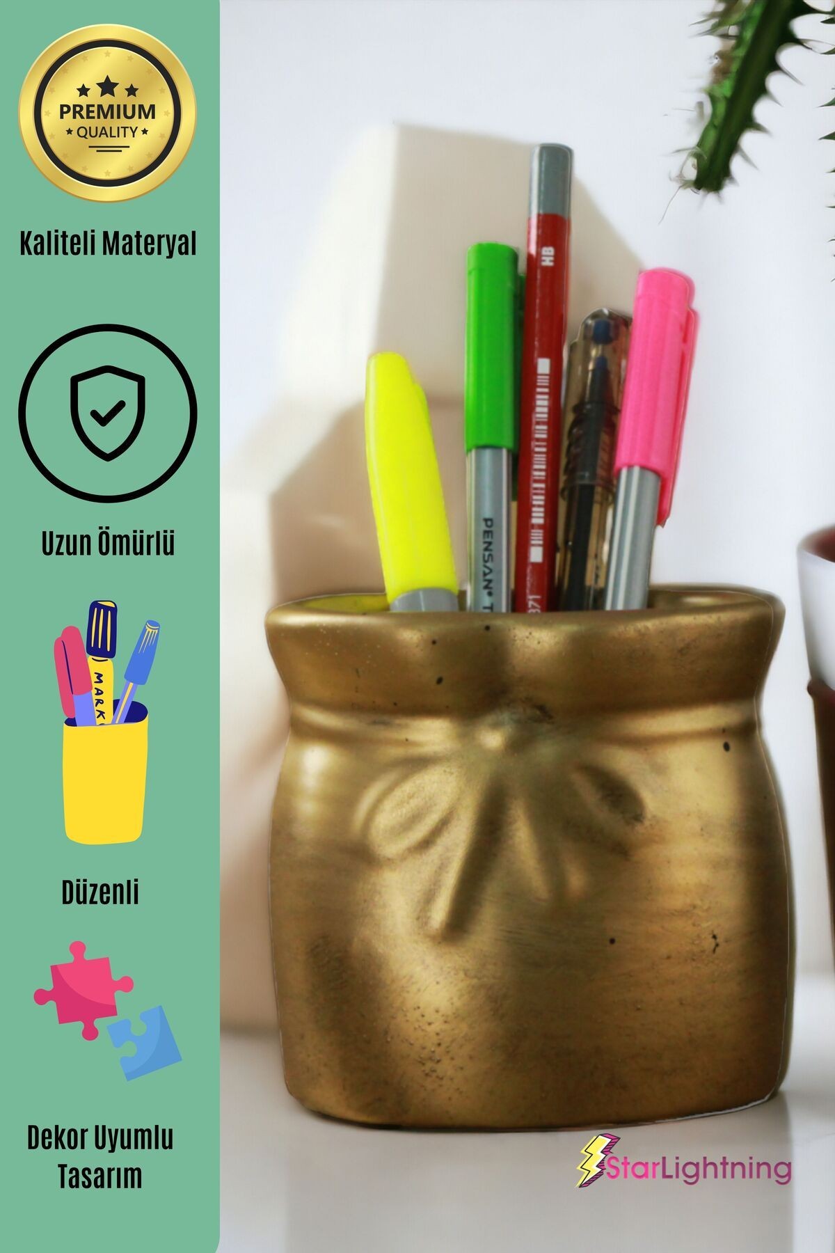 Kalemlik Altın Eskitme Renk Masa Kalemliği Organizer Kalemlik Model 8