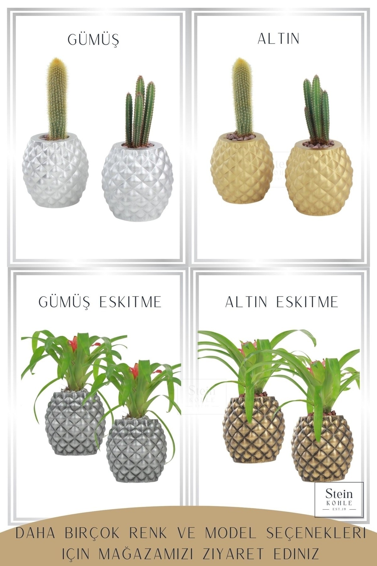 Çiçek Saksısı Büyük Boy 1 Adet Gümüş Renk Eskitme Uygulamalı Ananas Model