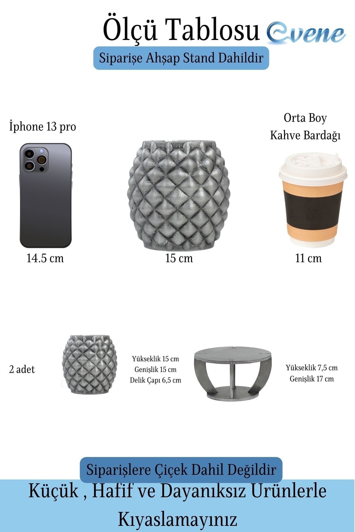 Ahşap Ayaklı Beton Saksı Büyük Boy Set 2 Adet Gümüş Varak Boyalı Eskitmeli Ananas Model