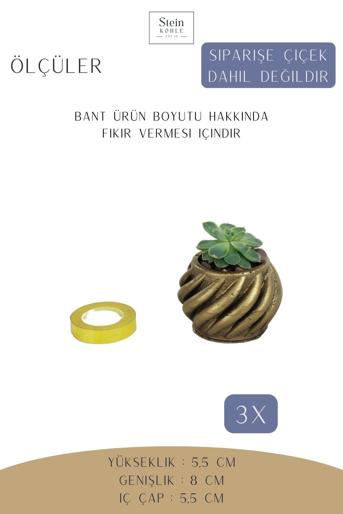 Dekoratif Saksı Minik Kaktüs Saksısı Altın Eskitme Renk 3 Adet Saksı Seti Kalın Çizgili Spiral Model