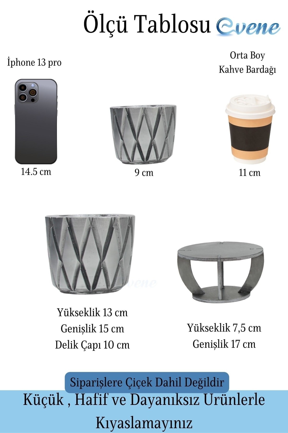 Ahşap Ayaklı Beton Saksı Büyük Boy 1 Adet Gümüş Varak Boyalı Eskitmeli Baklava Model