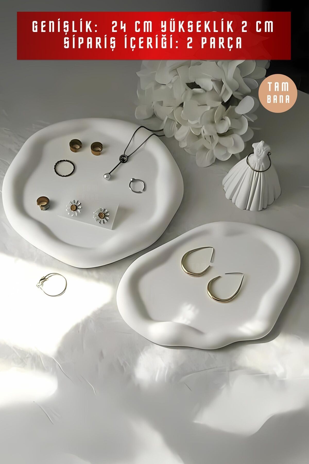Beyaz Sunumluk Takı Tabağı Dekoratif Tepsi Obje Seti 2 Parça Model 1005