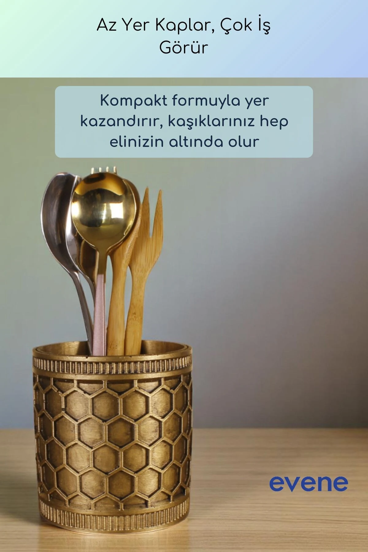 Tezgah Üstü Kaşıklık Dekoratif Dik Kaşıklık Silindir Kaşıklık Altın Eskitme Renk Model 81