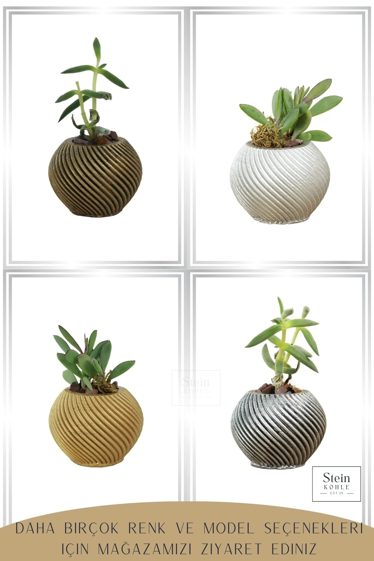 Dekoratif Saksı Minik Kaktüs Saksısı Altın Renk 3 Adet Saksı Seti Ince Çizgi Spiral Model