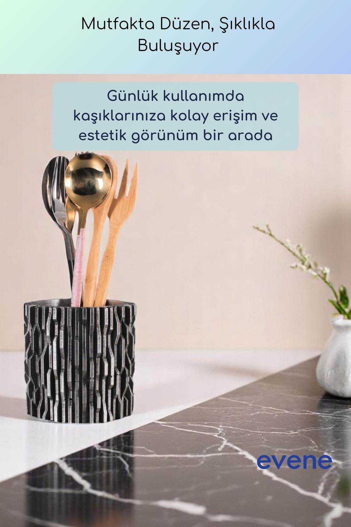 Tezgah Üstü Kaşıklık Dekoratif Dik Kaşıklık Silindir Kaşıklık Gümüş Eskitme Renk Model 78