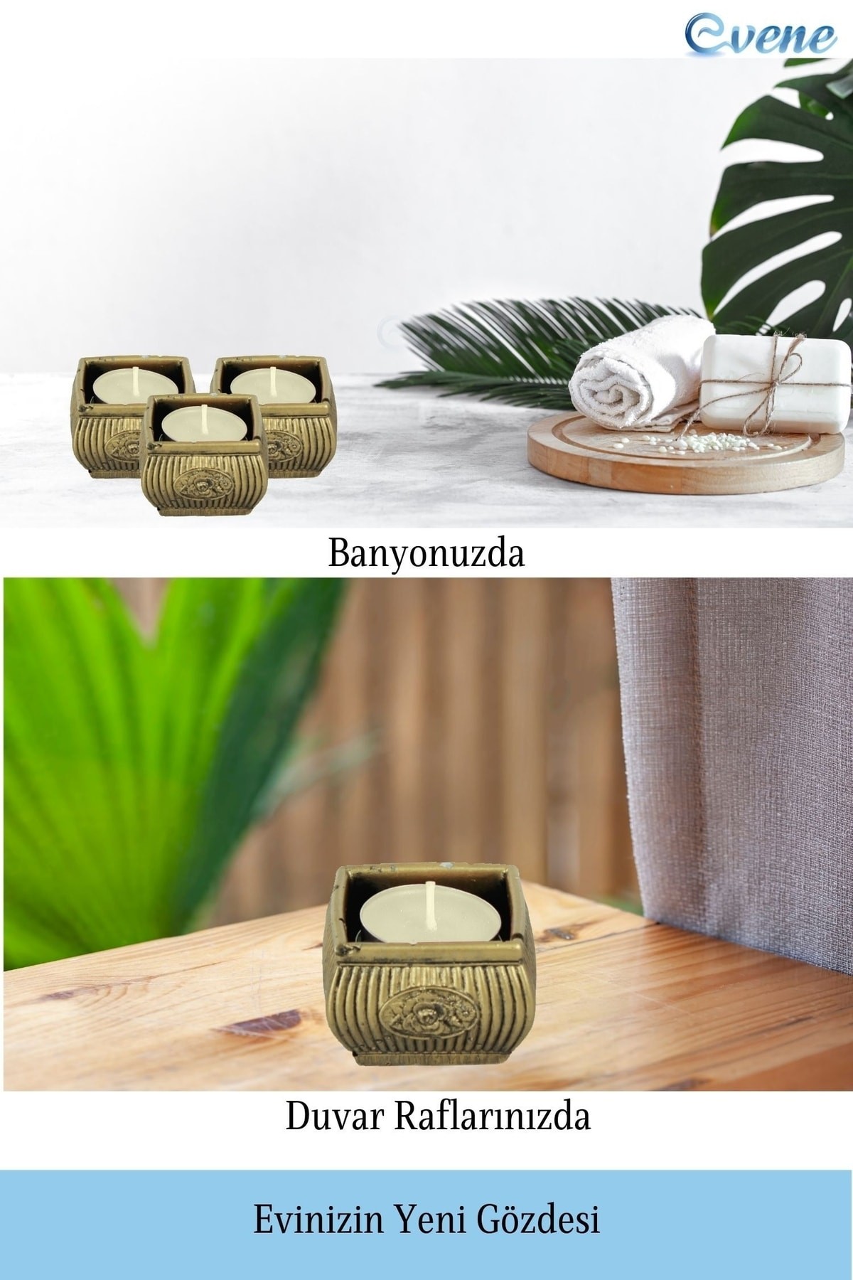 Altın Eskitme Mumluk Şamdan Tealight Mum Uyumlu Mini Çizgili Çiçekli Model