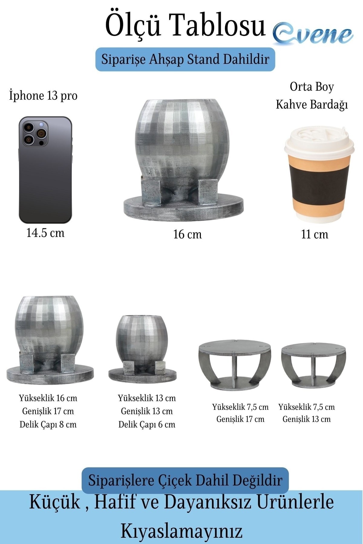 Ahşap Ayaklı Beton Saksı Büyük Boy Set 2 Adet Gümüş Varak Boyalı Eskitmeli Ayaklı Yuvarlak Model