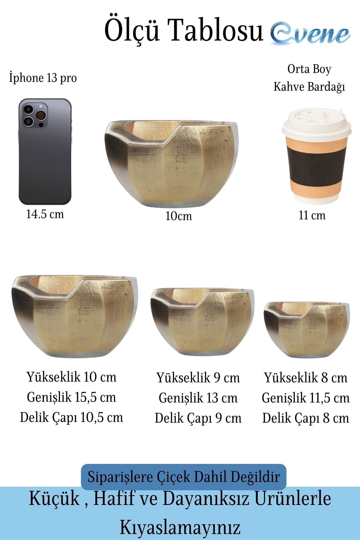Saksı Çiçek Kaktüs Saksısı Lüx 15 Cm Altın Eskitme Varak Boyalı Önü Açık Desenli 3'lü Set Çiçeklik