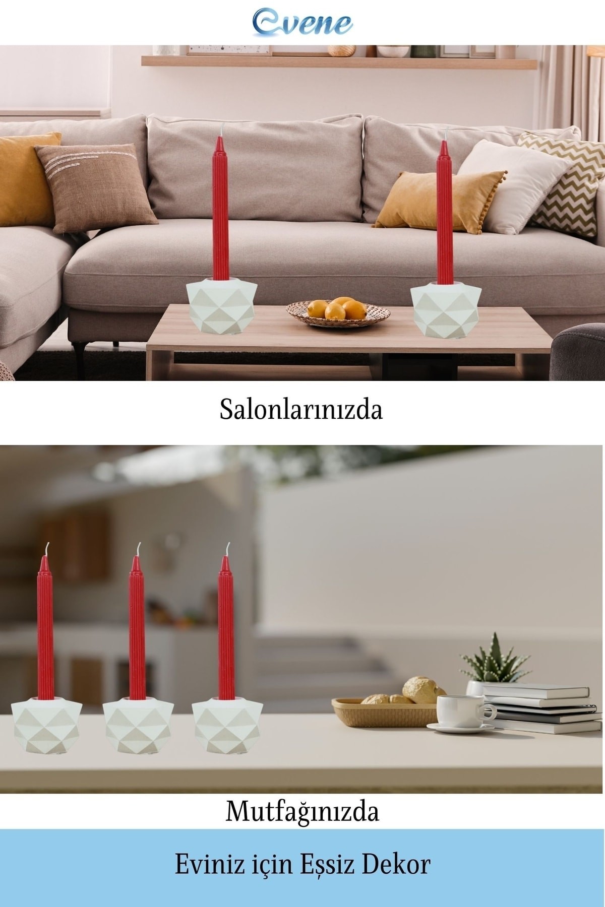 Beyaz Mumluk Şamdan 3 Adet Tealight ve İnce Mum Uyumlu Prizma Model