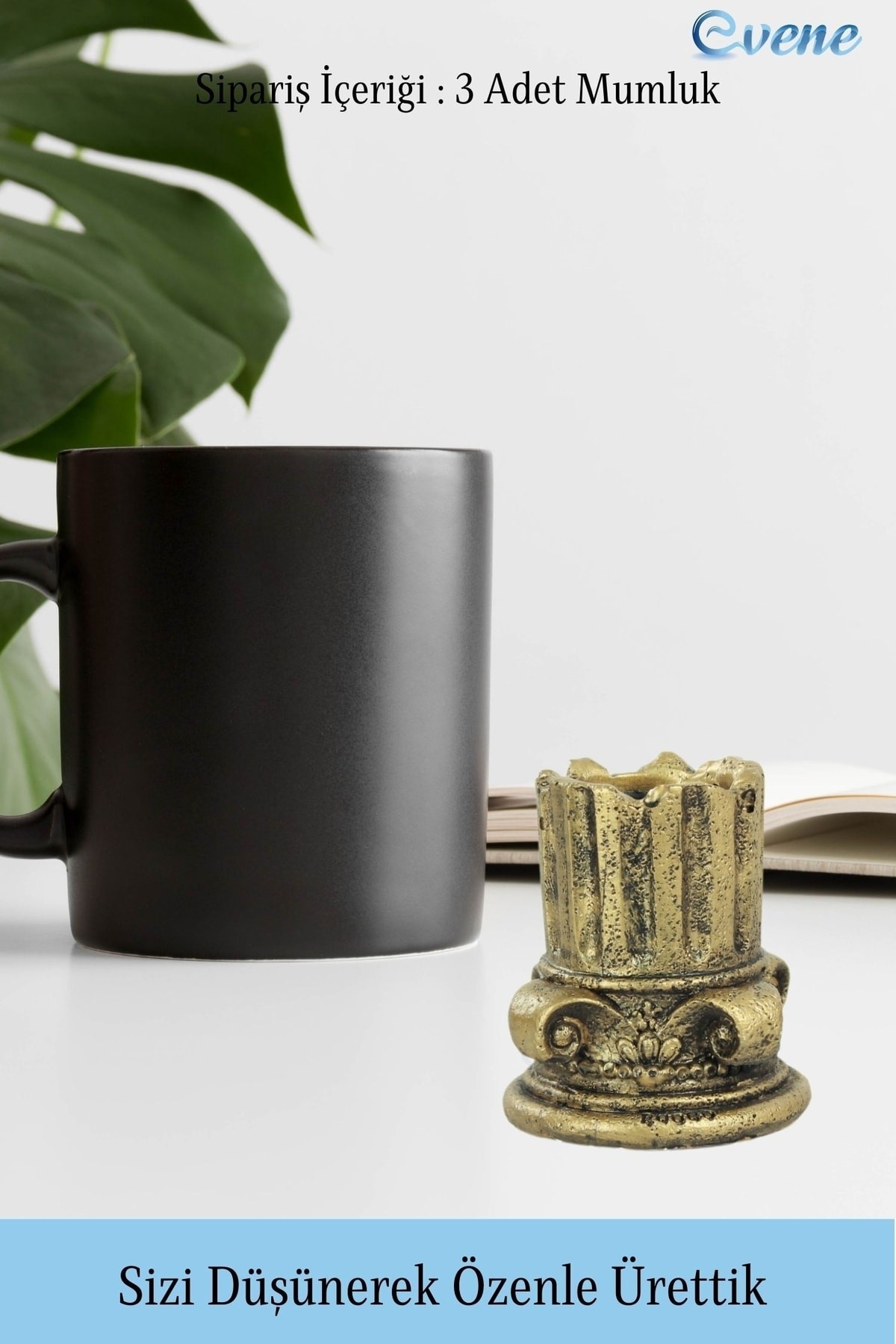 Altın Eskitme Mumluk Şamdan 3 Adet Tealight Uyumlu Tarihi Sütun Model