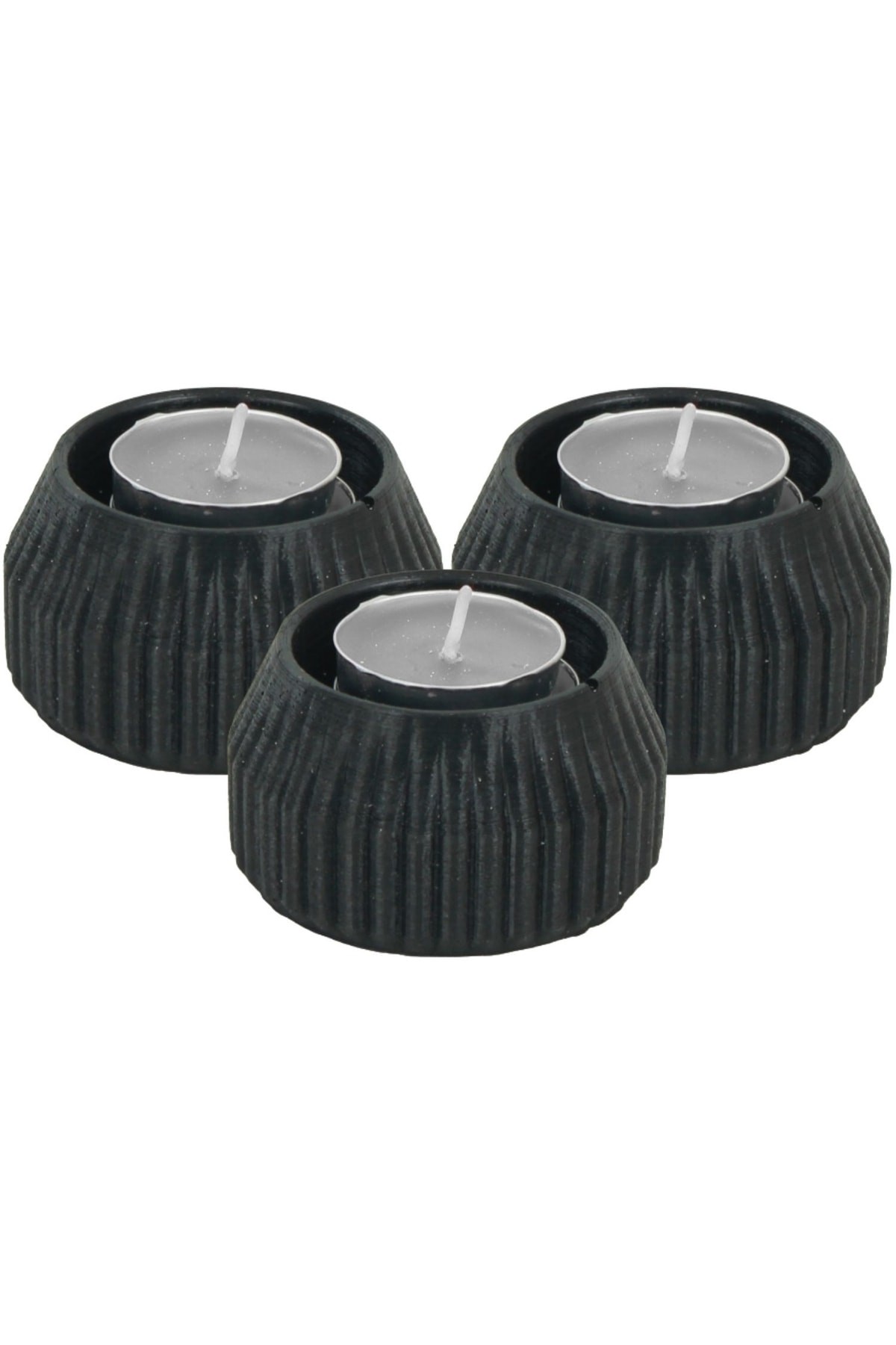 Siyah Mumluk Şamdan 3 Adet Tealight Uyumlu Çizgili Model