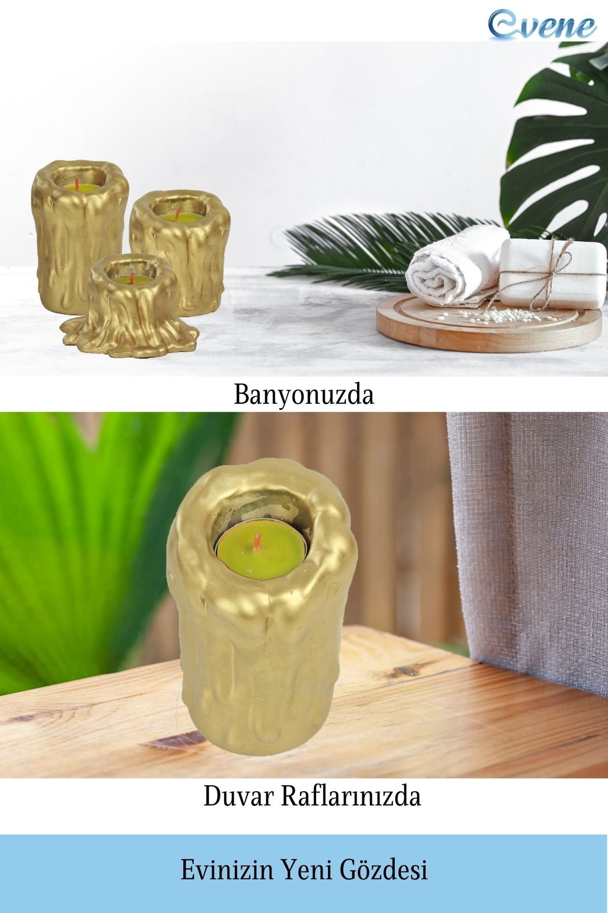 Altın Mumluk Şamdan 3 Adet Tealight Uyumlu Üçlü Tüm Boylar Erimiş Mum Model