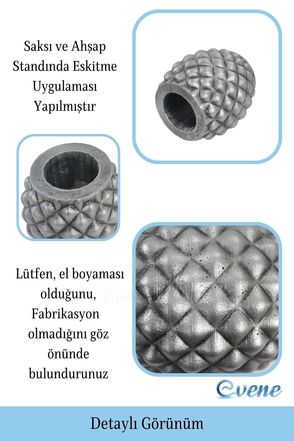 Ahşap Ayaklı Beton Saksı Büyük Boy 1 Adet Gümüş Varak Boyalı Eskitmeli Ananas Model