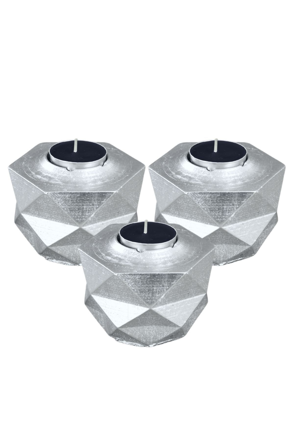 Şamdan Dekoratif Mumluk Gümüş Şamdan Set 3 lü (Üçlü) Tealight ve Uzun Mum Uyumlu Prizma Model