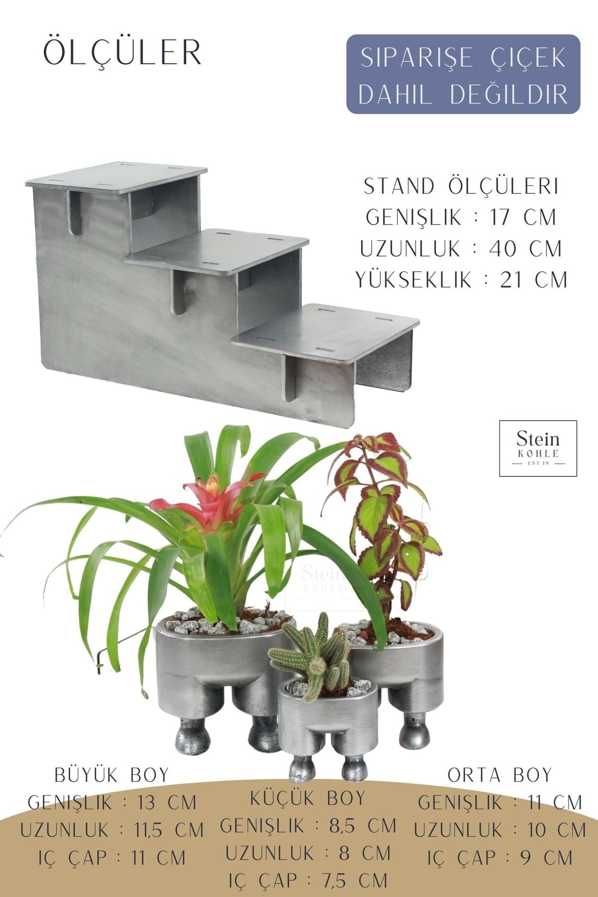 Ayaklı Saksı Ahşap Büyük Boy 3 Adet Gümüş Renk Eskitme Uygulamalı Pantolon Model