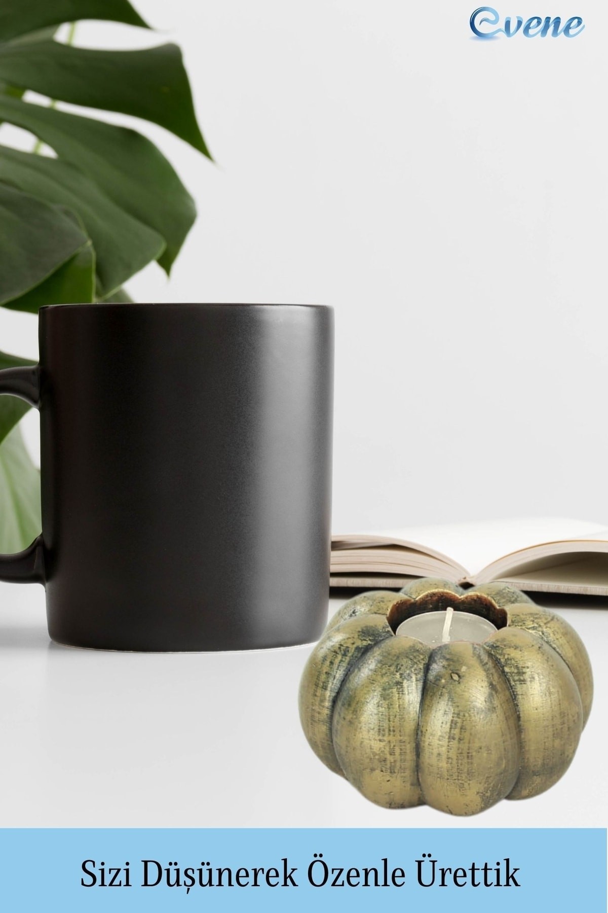 Altın Eskitme Mumluk Şamdan Tealight ve İnce Mum Uyumlu Kabak Model